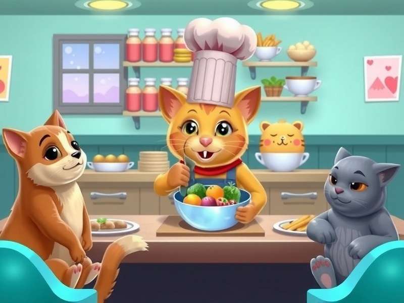 Animal Restaurant gameplay showing a cat chef preparing food for animal customers
